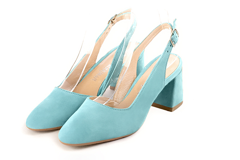 Aquamarine blue women's slingback shoes. Round toe. Medium flare heels. Front view - Florence KOOIJMAN